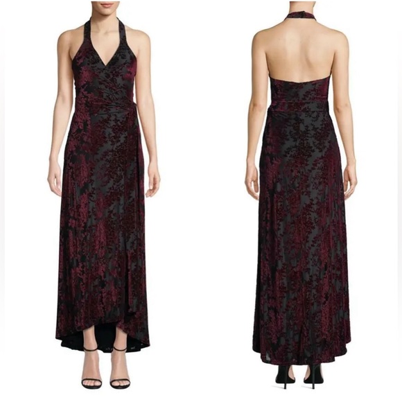DRESS THE POPULATION Erica Velvet Maxi Wrap Dress Gown Hi Low Hem Sz Med - $178 - Picture 2 of 13